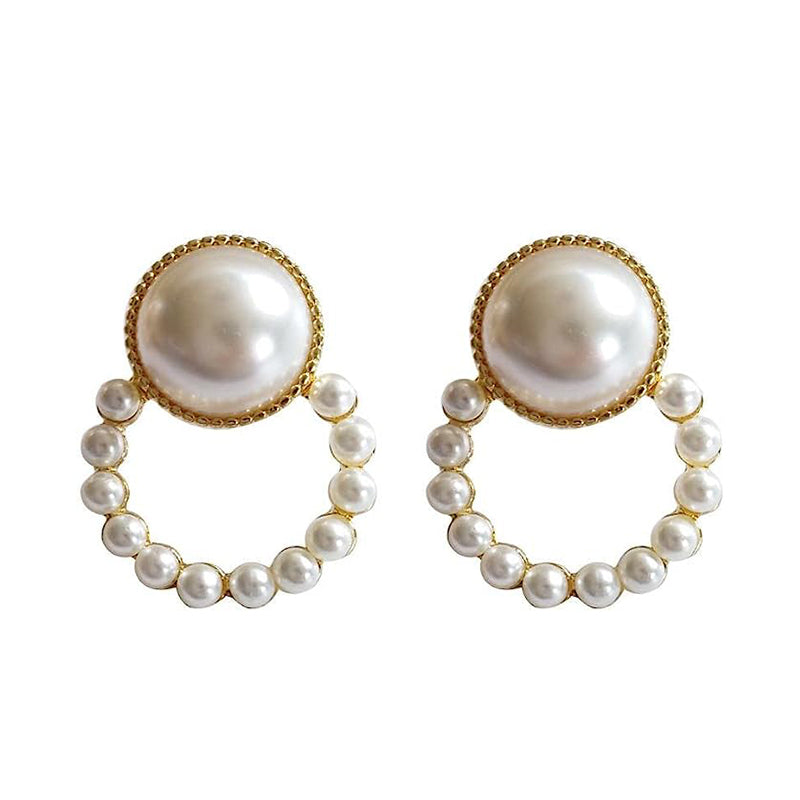 Faux Pearl Decor Round Design Stud Earrings + 1 Jewellery packing bag FREE