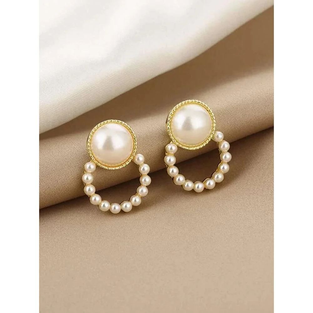 Faux Pearl Decor Round Design Stud Earrings + 1 Jewellery packing bag FREE